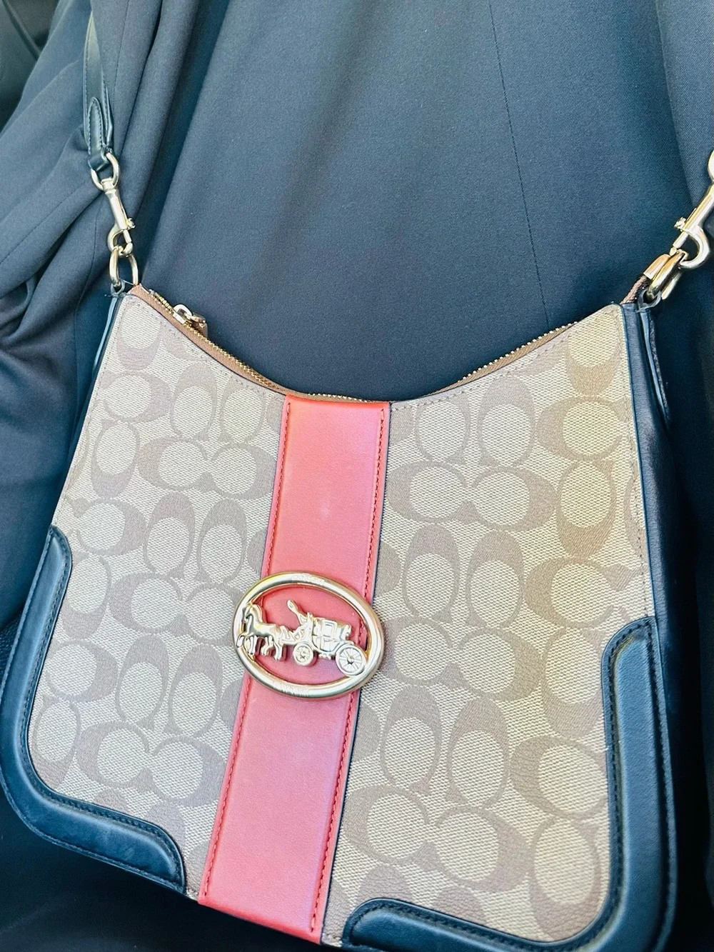 Coach Signature Canvas Shoulder Bag with Red Center Stripe and Black Trim